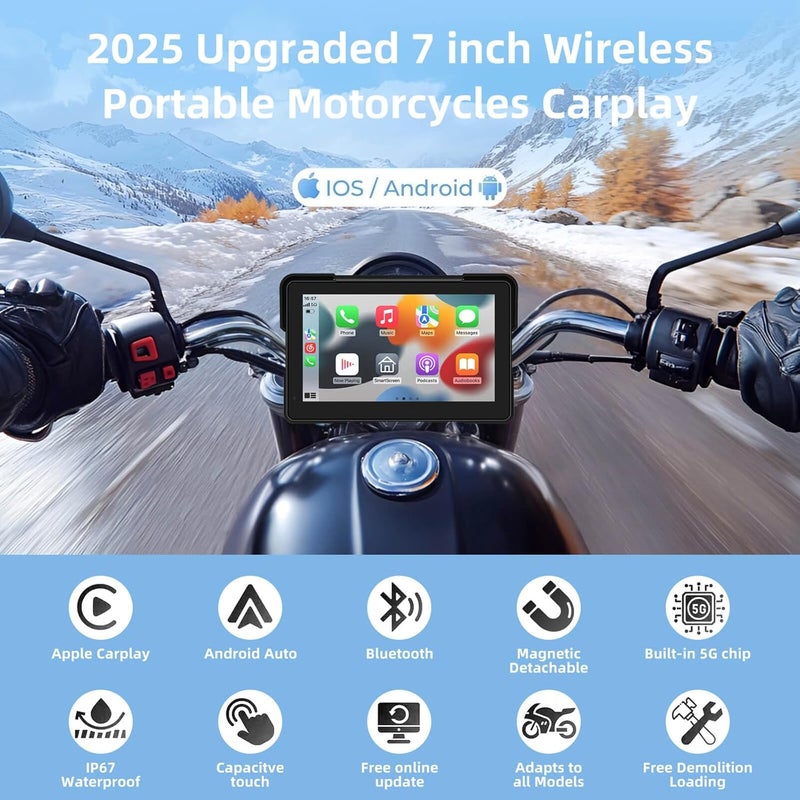 MITNOTY 7 Inch Wireless Motorcycle CarPlay &Android Auto, Waterproof Smart GPS Navigation System, Portable Moto Car Play Screen with Dual Bluetooth, Voice Control, Navigation, Siri/G-Assist, Anti-Glare - Image 2